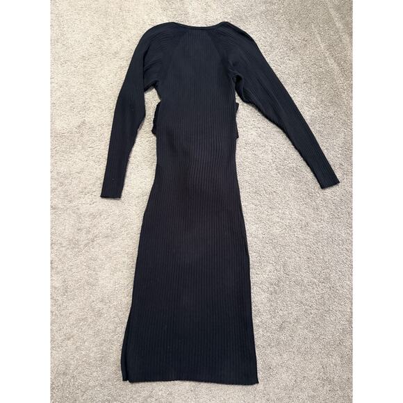 Good American Belted Stretch Black Sweater Dress 1/2 S/M Slit Bodycon Midi - Picture 6 of 7